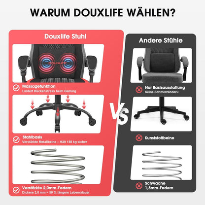 Douxlife Gaming Stuhl mit Massage und Fußstütze, Ergonomischer Bürostuhl PC Gamer Sessel, 158 kg Belastbarkeit, Rot