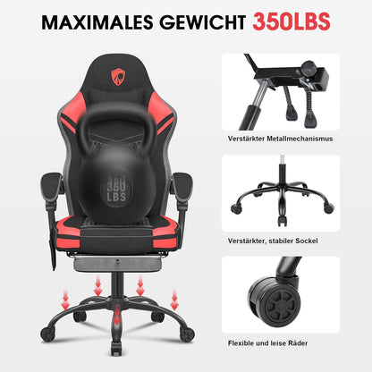 Gaming Stuhl Massage Stoff Taschenfedern Ergonomisch Bürostuhl PC Gamer Rot