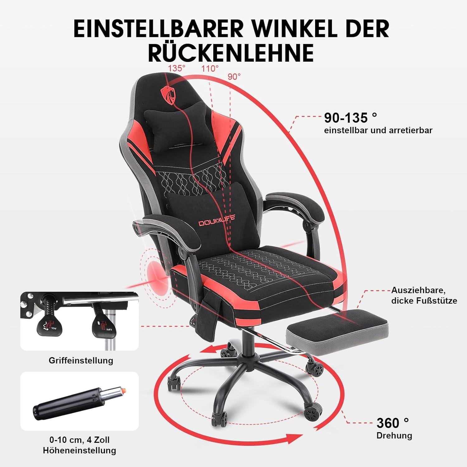 Douxlife Gaming Stuhl mit Massage und Fußstütze, Ergonomischer Bürostuhl PC Gamer Sessel, 158 kg Belastbarkeit, Rot