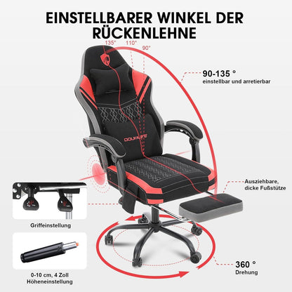 Douxlife Gaming Stuhl mit Massage und Fußstütze, Ergonomischer Bürostuhl PC Gamer Sessel, 158 kg Belastbarkeit, Rot