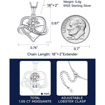 Unendlichkeitszeichen Kette mit Moissanite 1 Karat, Silber 925, Herz Anhänger