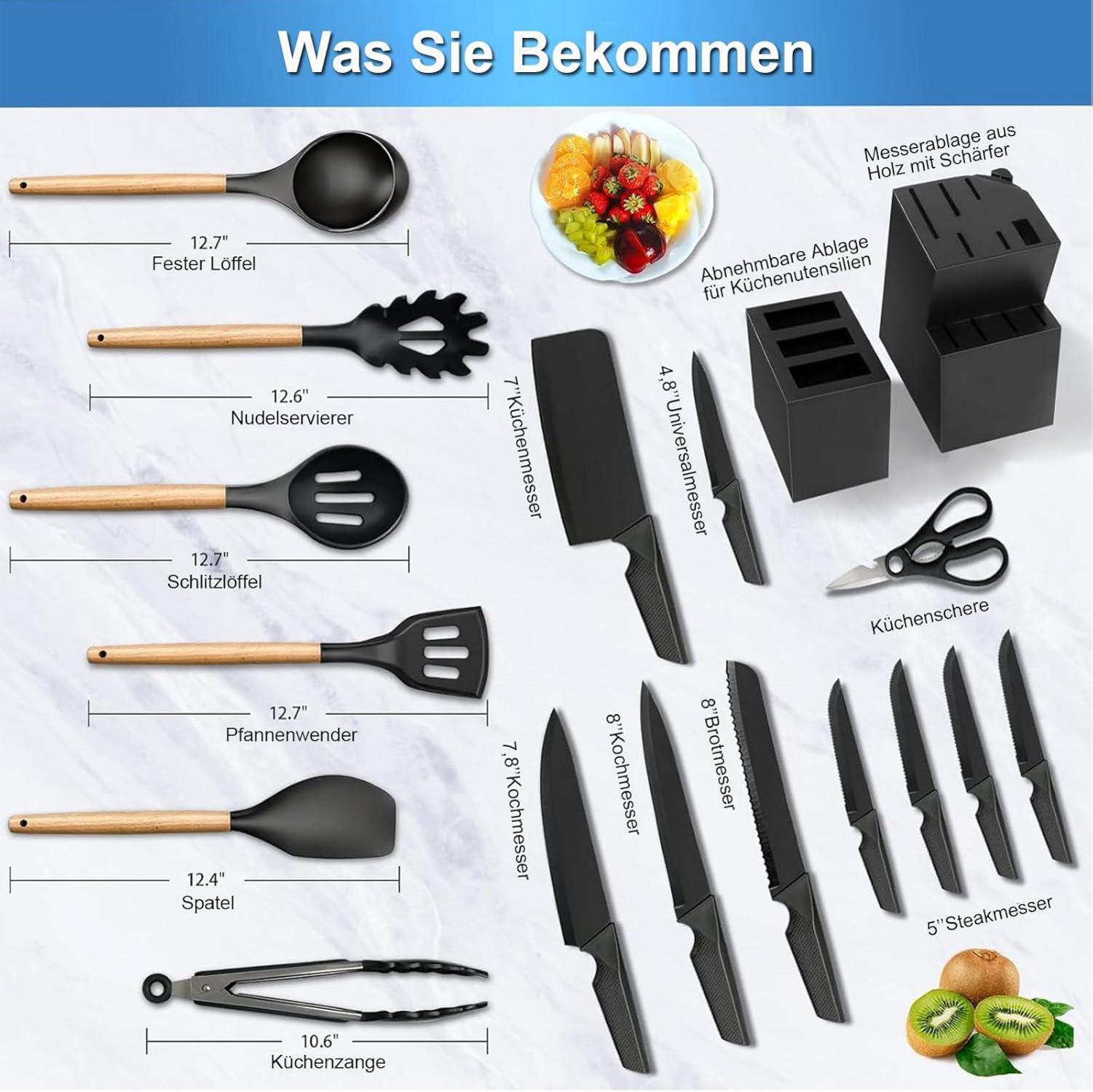 18-teiliges Messerblock Set mit hochwertigen Messern & Silikon