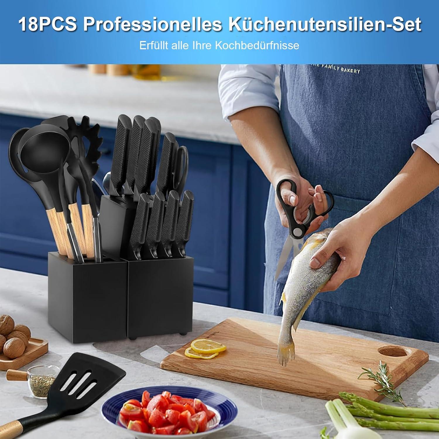 18-teiliges Kochset Messerblock mit Abnehmbarem Block und Silikon-Kochutensilien, Schwarz