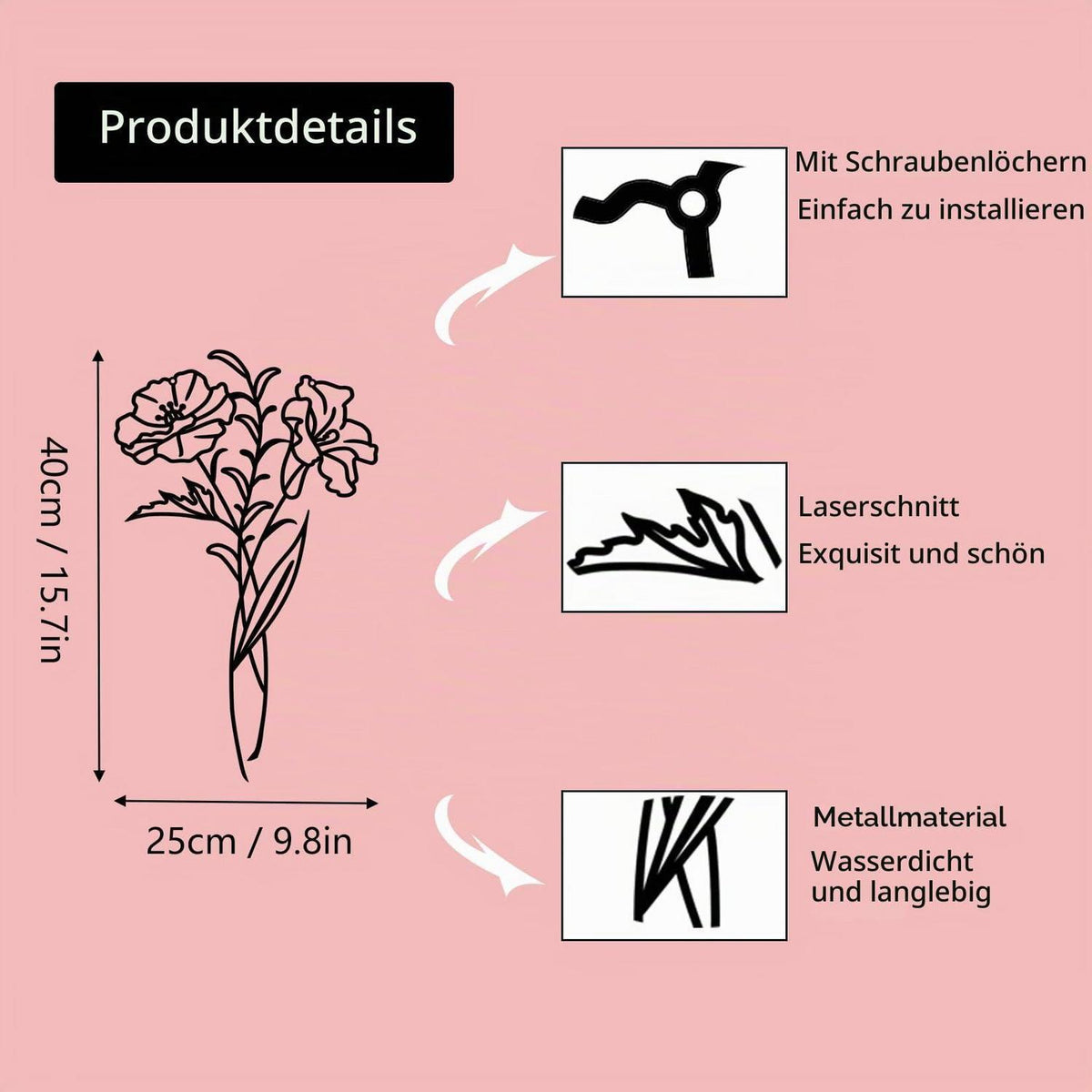 Metall Blumen Wandkunst – Schwarze Mohnblume Deko