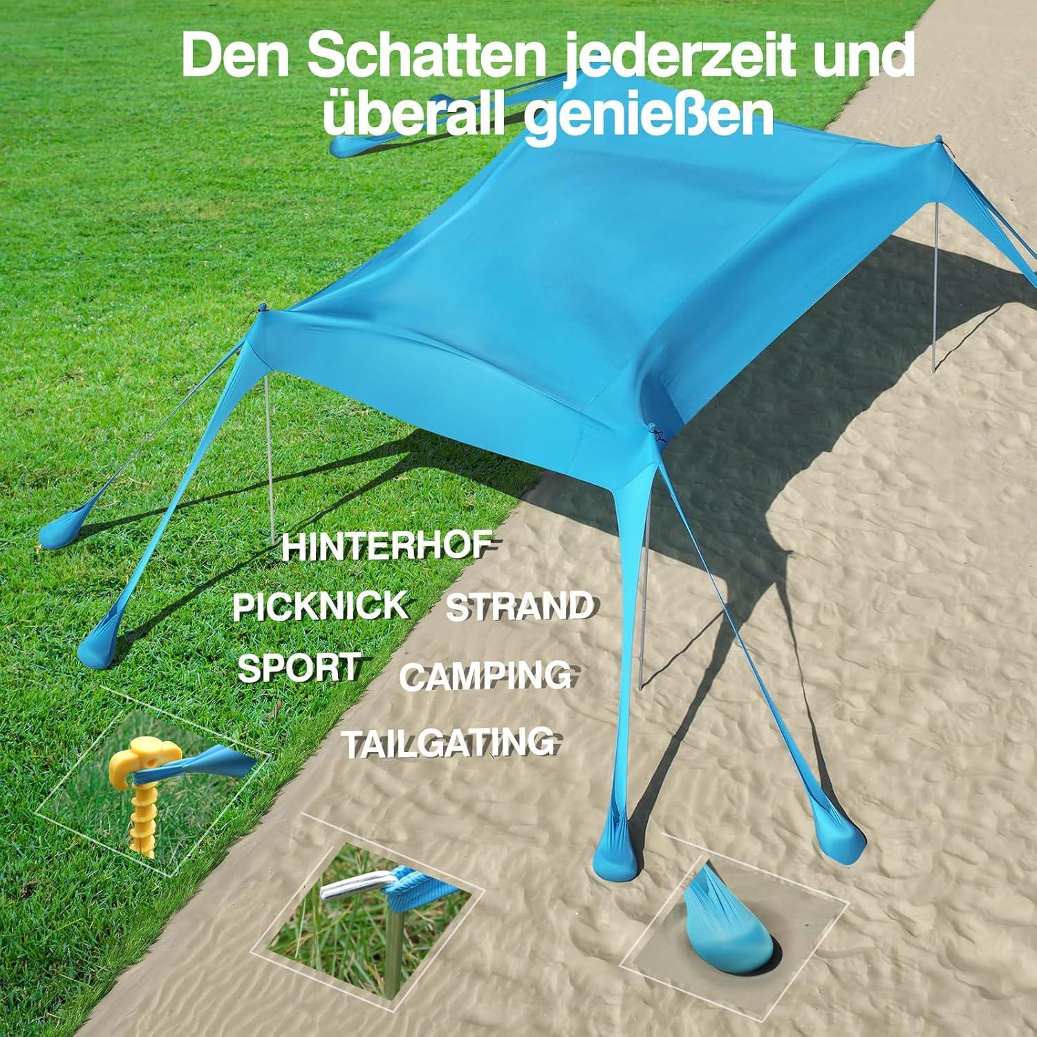 Strandmuschel UPF50+ Strandzelt Sonnenschutz 8 Sandschaufeln 4 Stangen