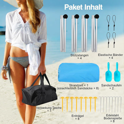 Rhino Valley Strandmuschel UPF50+ Sonnenschutz 8 Sandschaufeln 4 Stangen