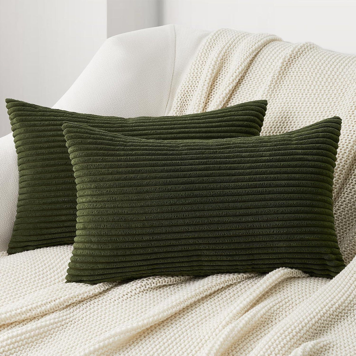 Kissenbezüge 2er Set 30x50 cm Olivengrün Kordsamt Gestreift