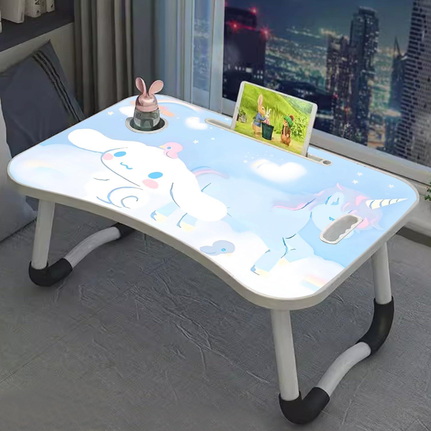 Tragbarer Laptop-Tisch Cartoon Blue Betttablett Beine Getränkeschlitz Lesehalter