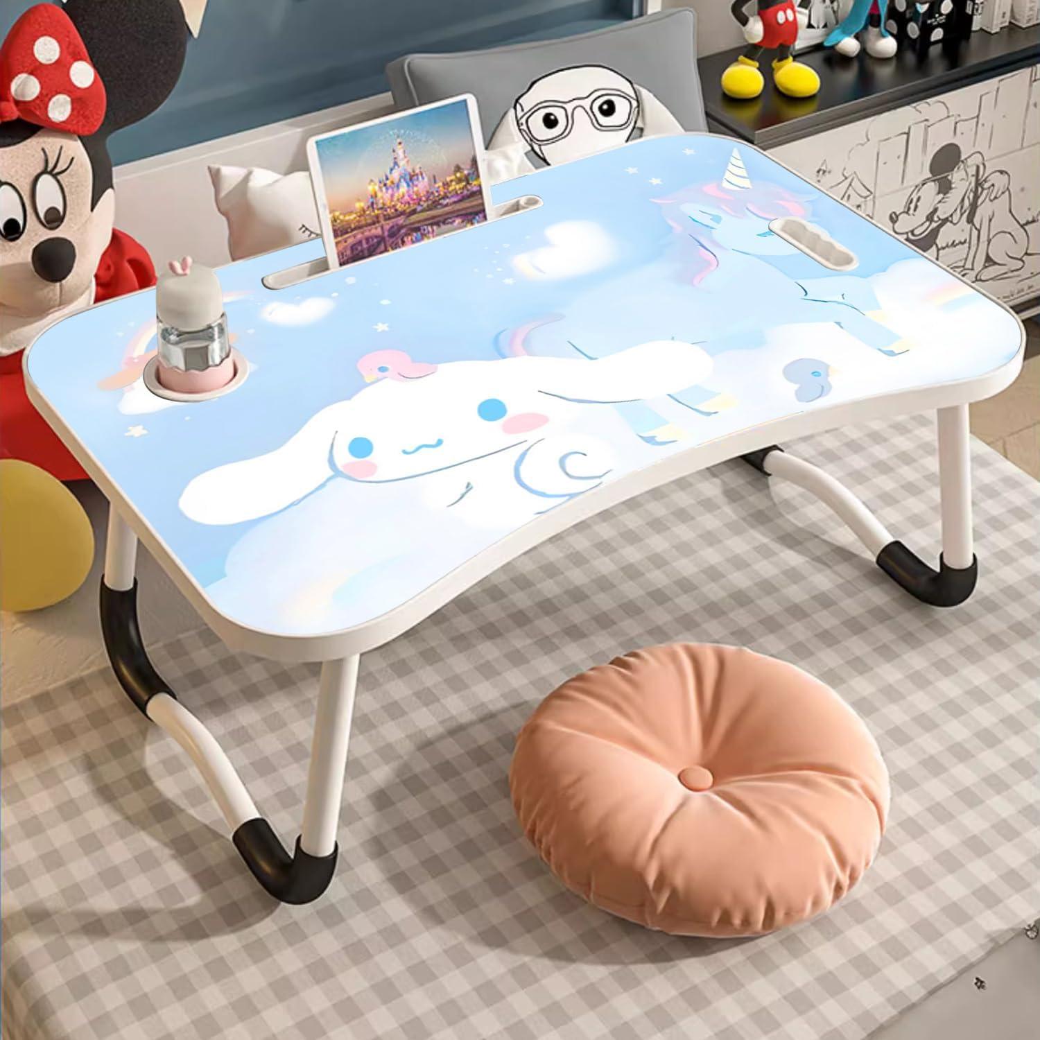 Tragbarer Laptop-Tisch Cartoon Blue Betttablett Beine Getränkeschlitz Lesehalter
