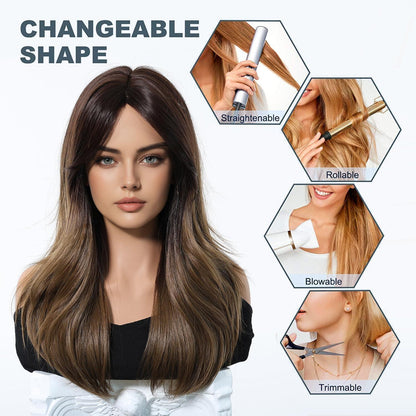 Lange Gerade Ombre Braune Perücke mit Pony – Natürliches Aussehen