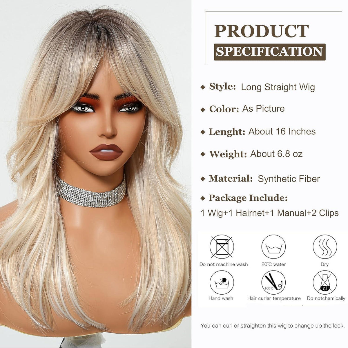 Lange Gerade Blonde Perücke mit Pony – Natürliches Synthetikhaar