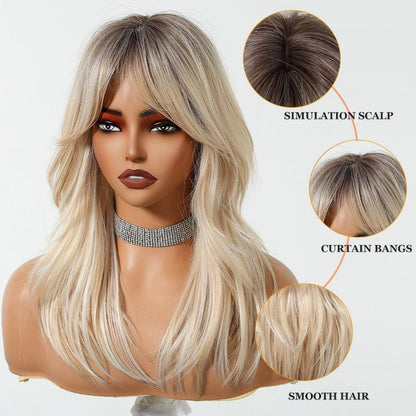 Lange Gerade Blonde Perücke mit Pony – Natürliches Synthetikhaar