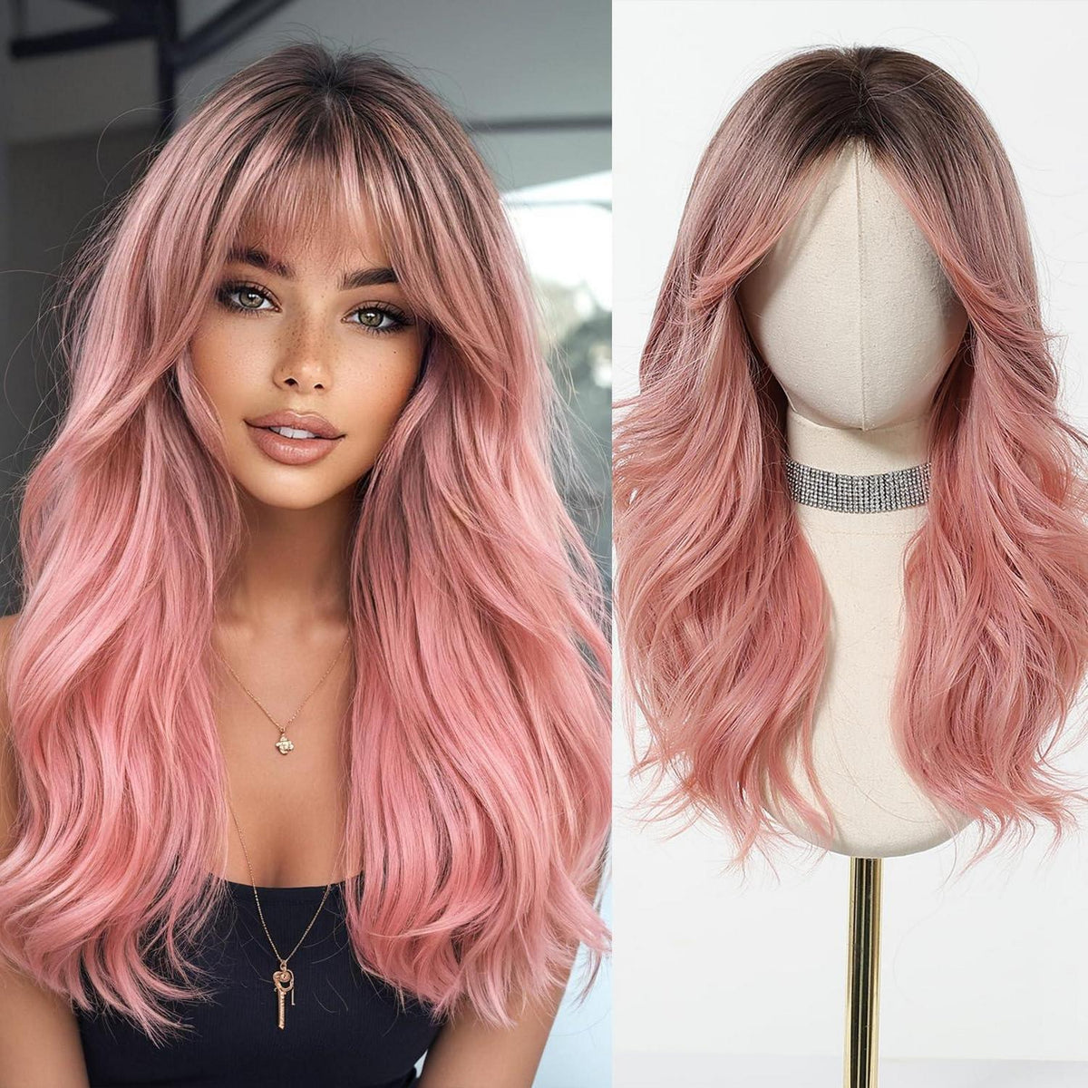 Lange Welle Ombre Rosa Perücke mit Pony – Synthetisch & Natürlich