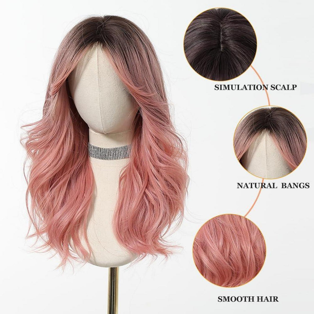 Lange Welle Ombre Rosa Perücke mit Pony – Synthetisch & Natürlich