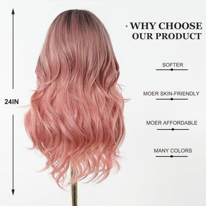 Lange Welle Ombre Rosa Perücke mit Pony – Synthetisch & Natürlich