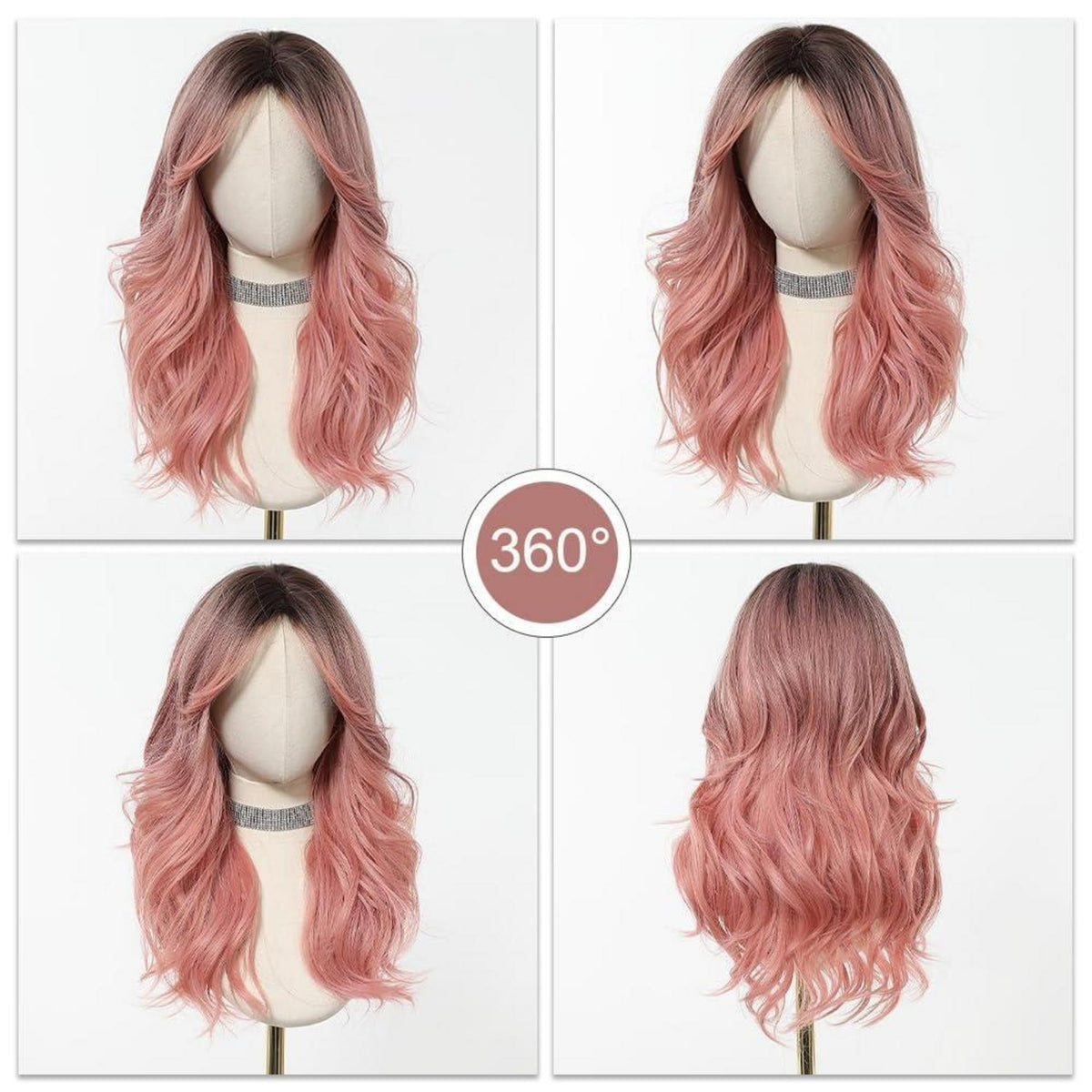 Lange Welle Ombre Rosa Perücke mit Pony – Synthetisch & Natürlich