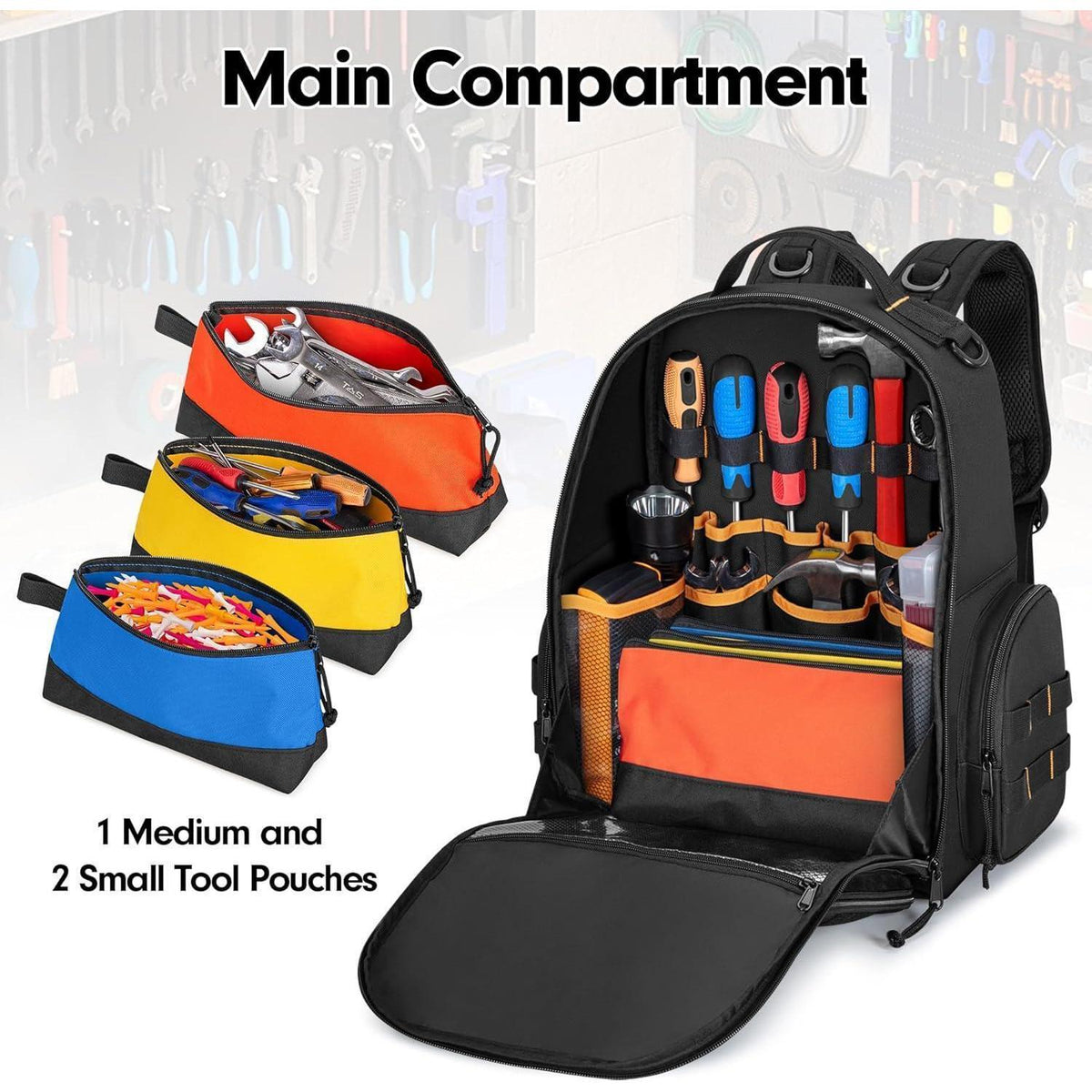 Werkzeugrucksack mit 3 Organizer-Taschen, Schwarz