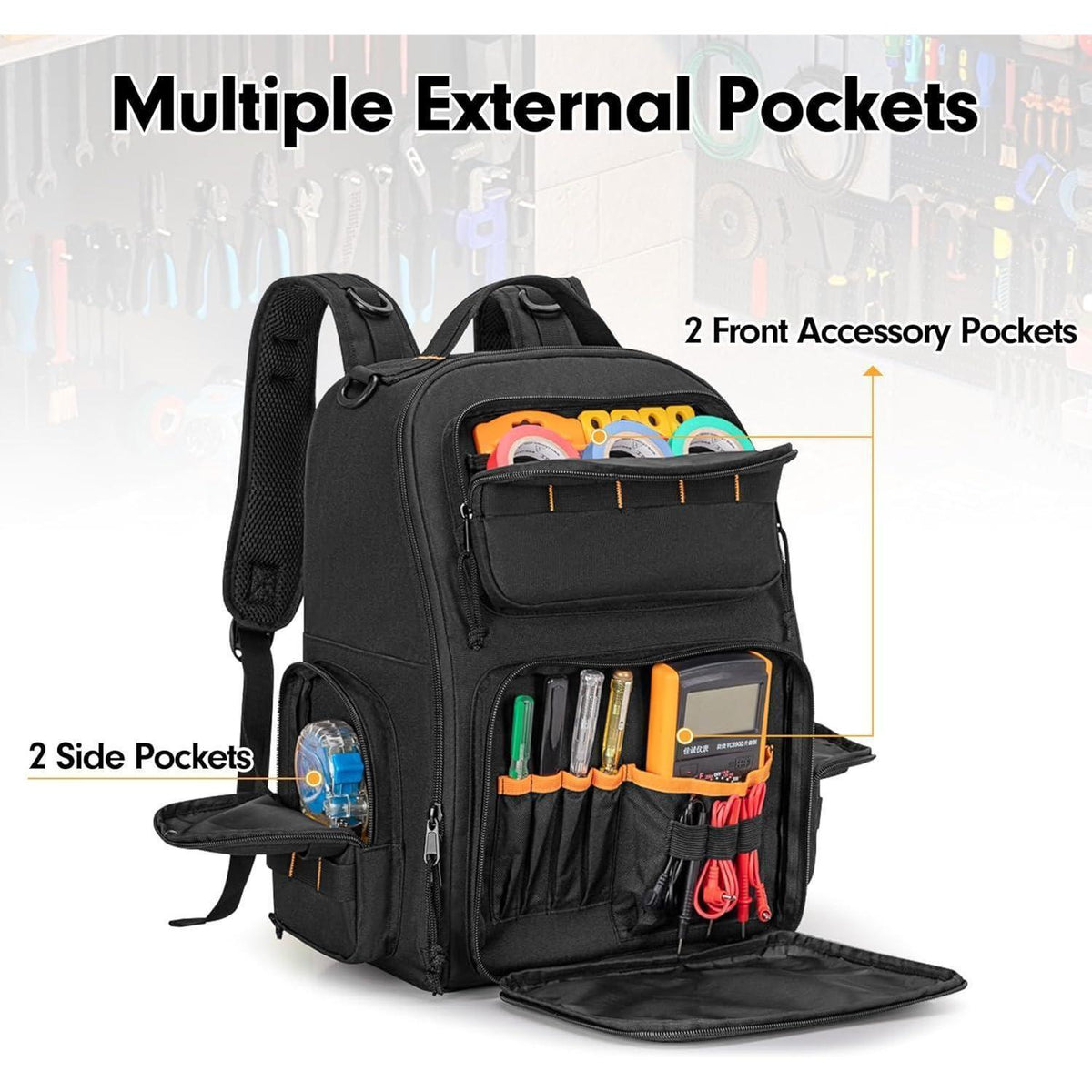 Werkzeugrucksack mit 3 Organizer-Taschen, Schwarz