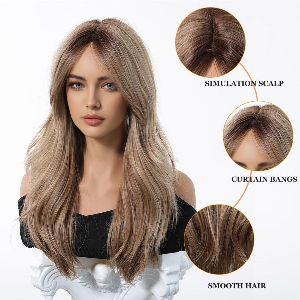 Lange Gerade Ombre Blonde Perücke mit Pony – Synthetisch & Verstellbar