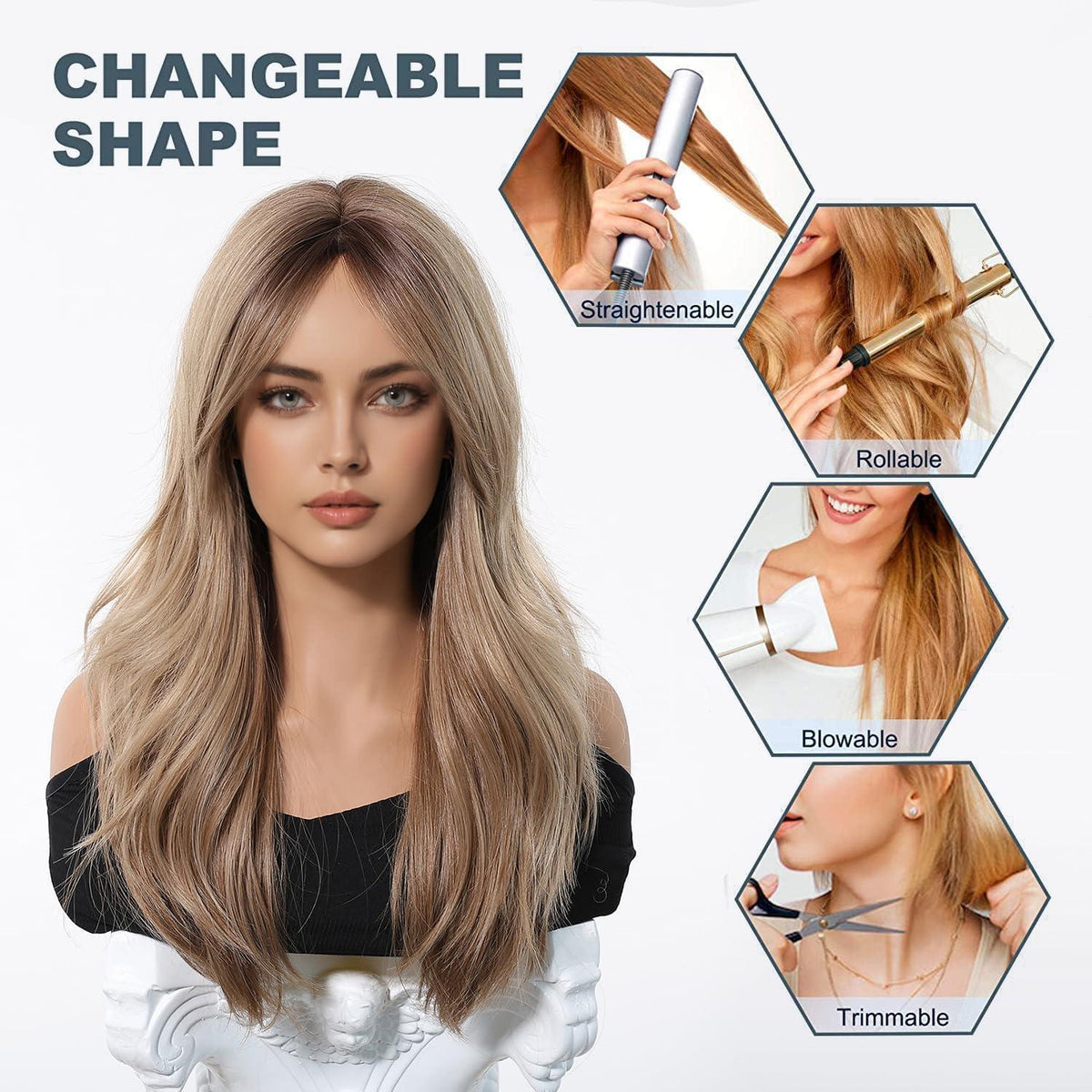 Lange Gerade Ombre Blonde Perücke mit Pony – Synthetisch & Verstellbar