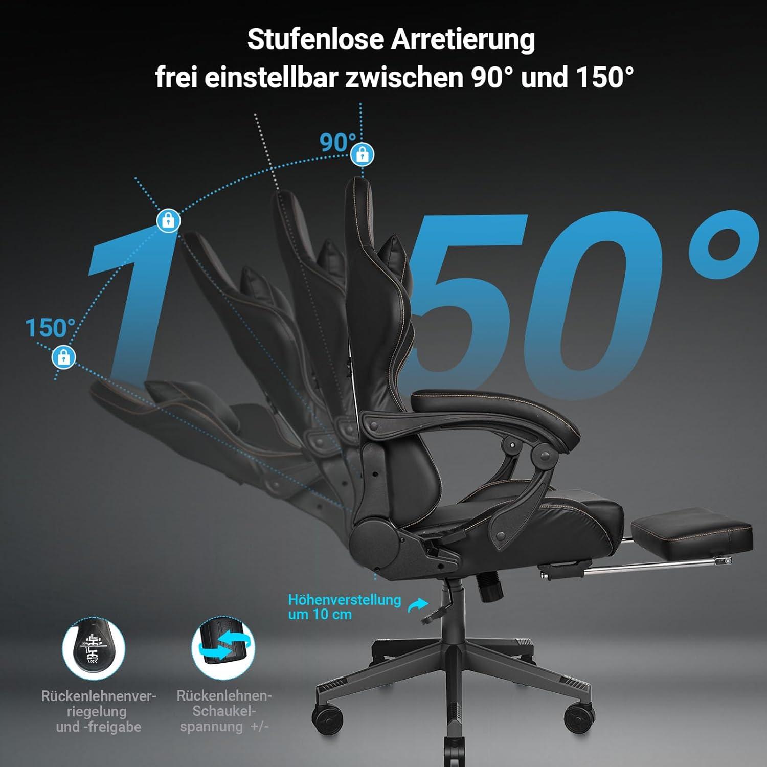 Ergonomischer Gaming-Stuhl mit Kratzschutz, Fußstütze, bis 180 kg