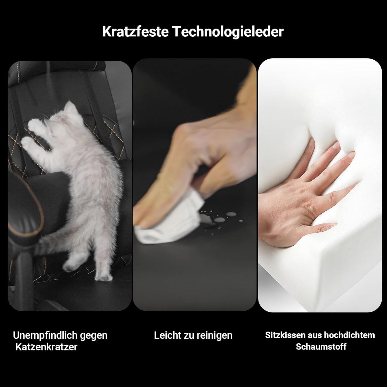 Großer Gaming-Stuhl mit Kratzschutz, Fußstütze und Kopfstütze bis 180