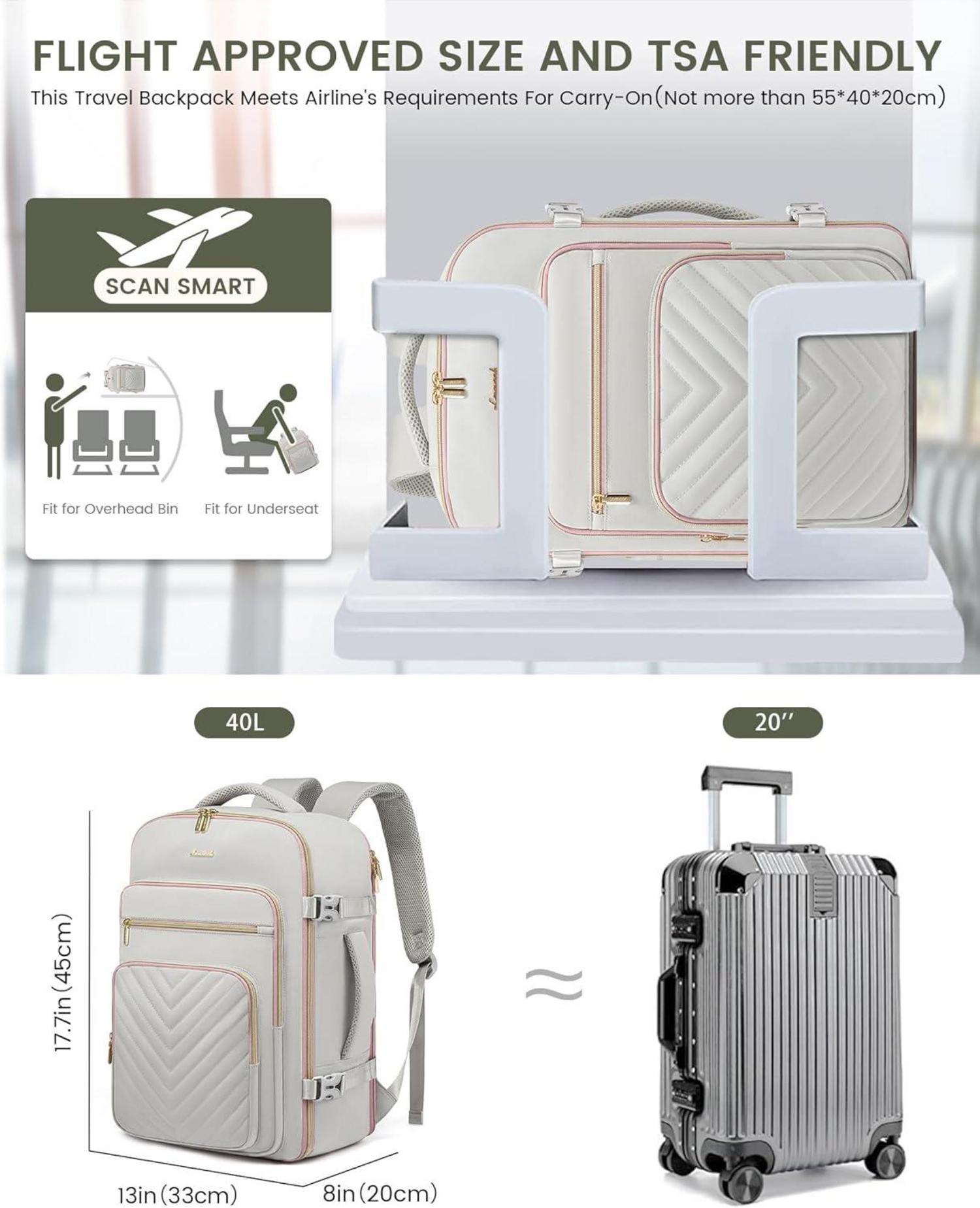 Handgepäck Rucksack 40L Damen Grau, Wasserfest, Laptopfach 17 Zoll