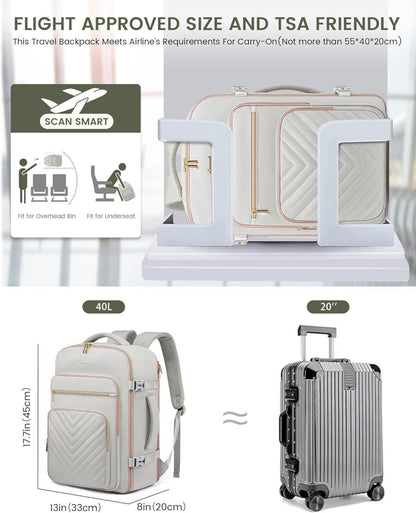 Handgepäck Rucksack 40L Damen Grau, Wasserfest, Laptopfach 17 Zoll