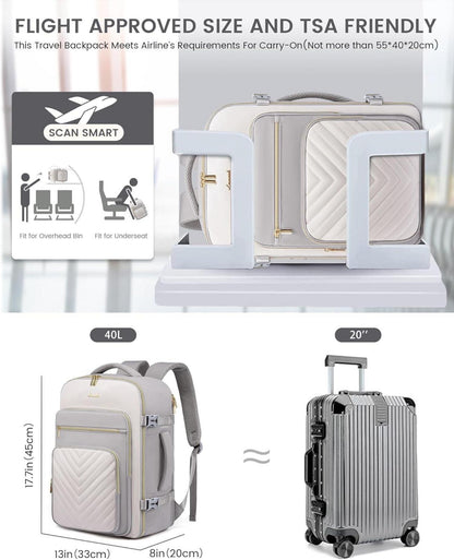 LOVEVOOK 40L Reiserucksack Handgepäck Damen Wasserdicht 17 Zoll mit Laptopfach, Hellgrau