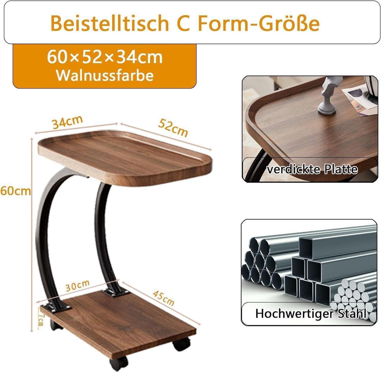 Beistelltisch C Form mit Rollen und Metallgestell 52x34x60 cm