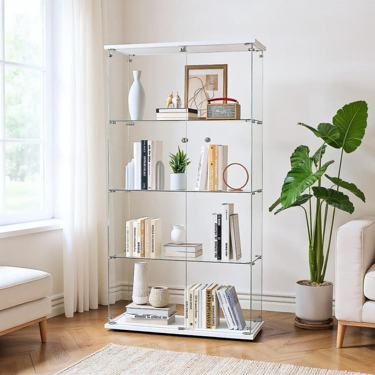 Glasvitrine Standvitrine weiß, 2 Türen, 4 Etagen