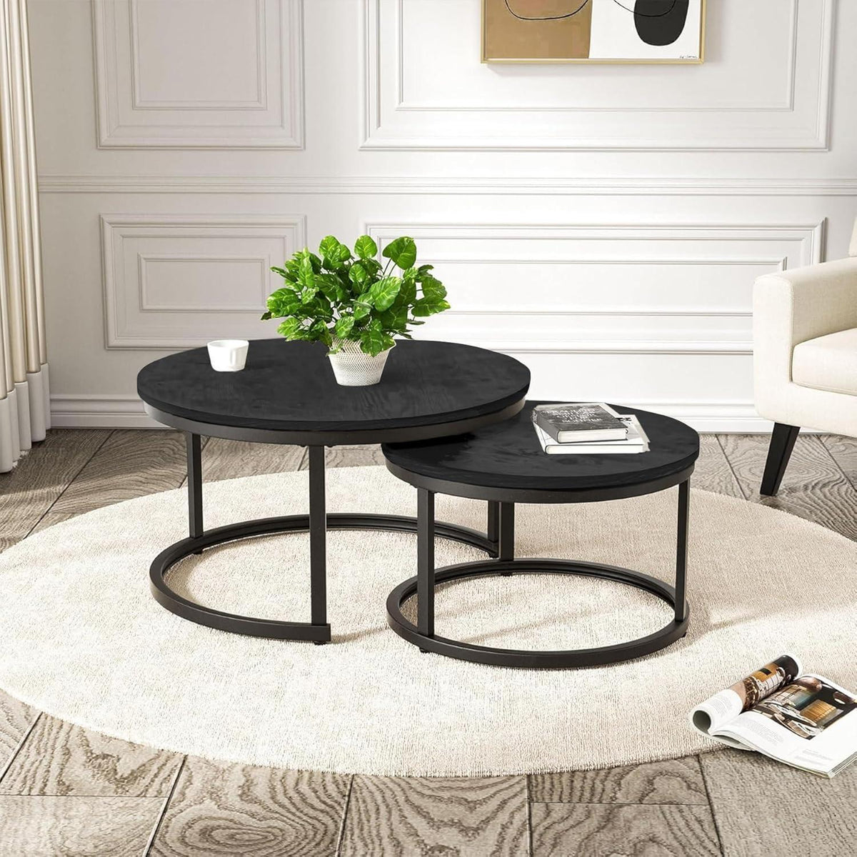 2er Set runde Beistelltische Holz mit Metallrahmen, Vintage Design