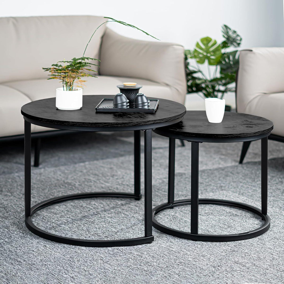 2er Set runde Beistelltische Holz mit Metallrahmen, Vintage Design