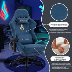Symino Gaming Stuhl Blau Hochwertiger Stoff Ergonomisch Verstellbar mit Fußstütze