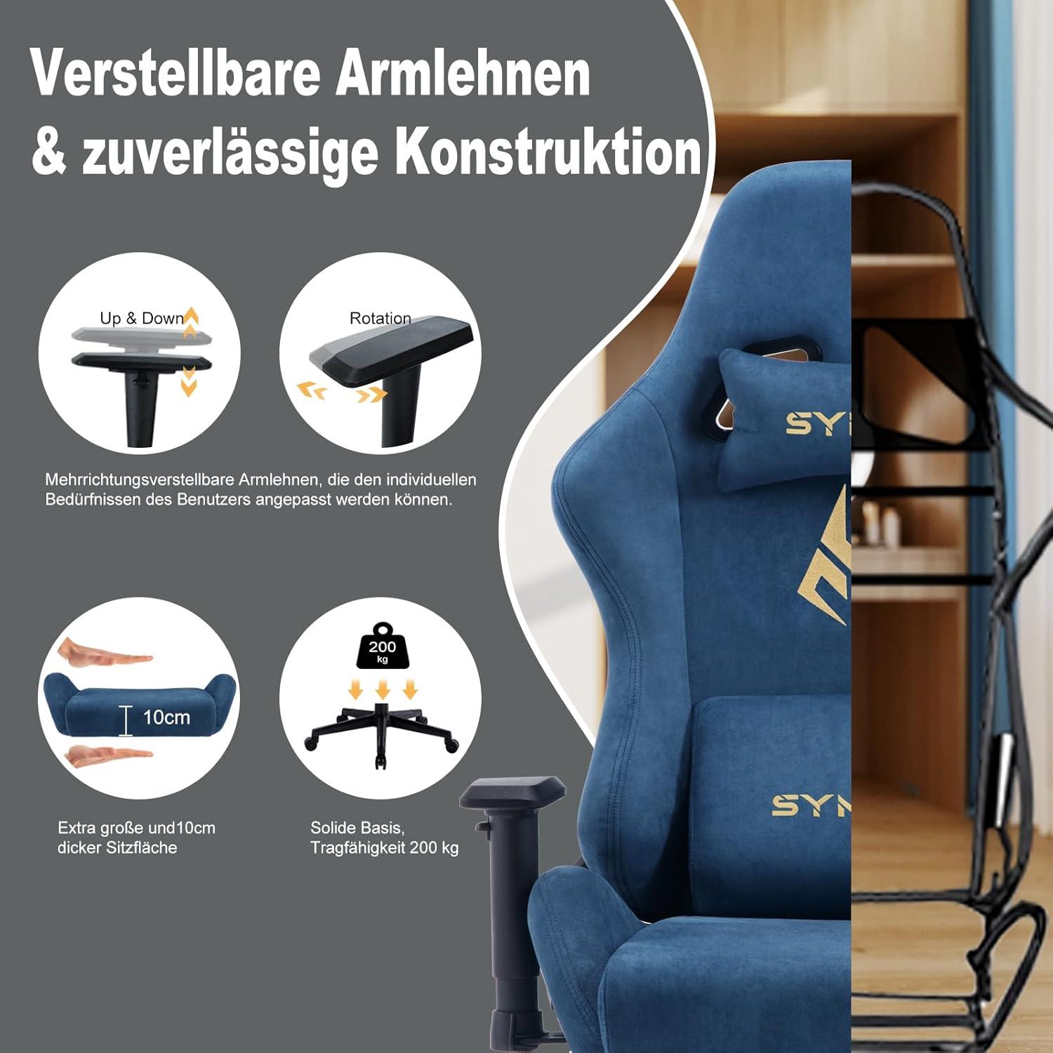Symino Gaming Stuhl Blau Atmungsaktiv Ergonomisch Verstellbar mit