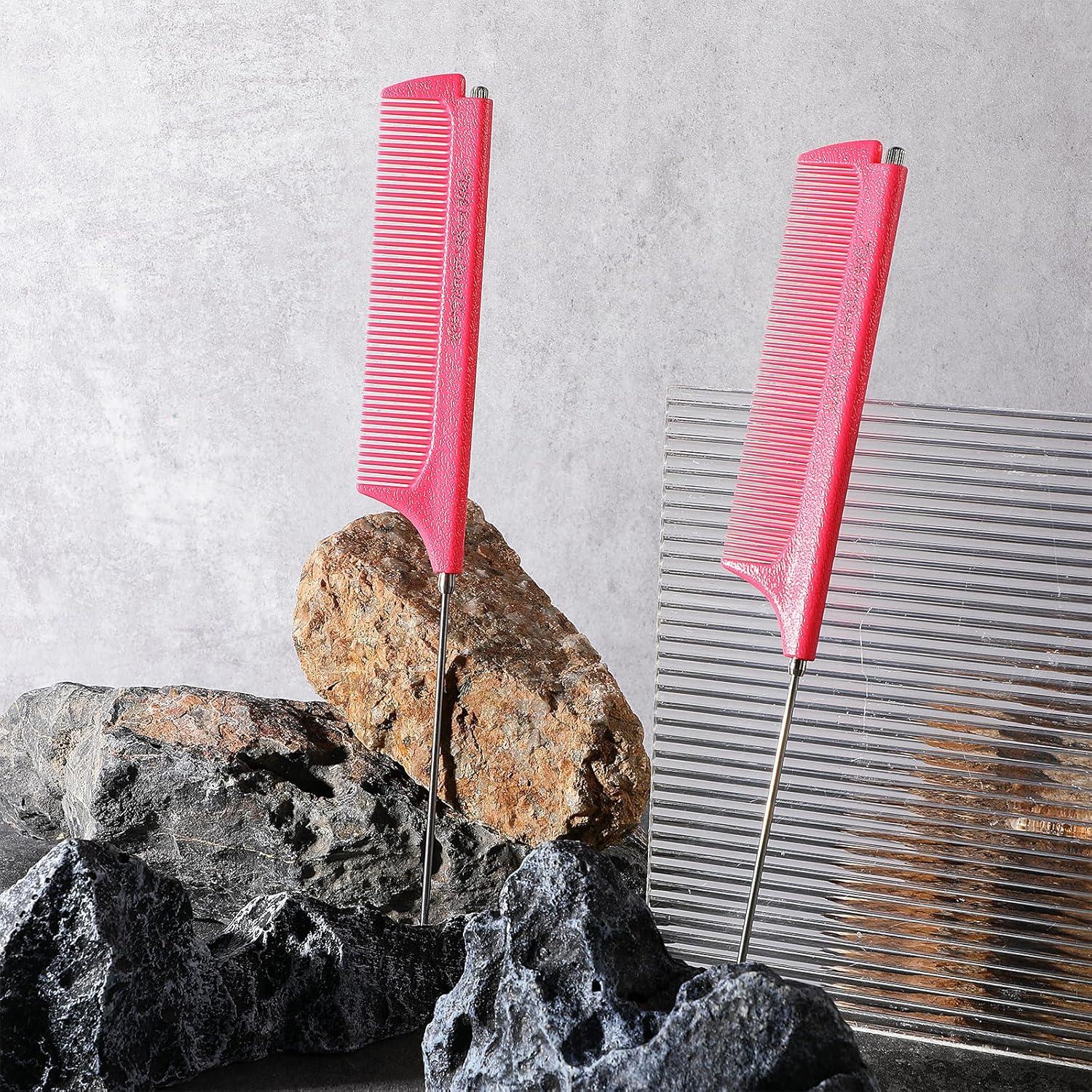 2er Set Teleskop Stielkamm Edelstahl Rosa Rattenschwanz Friseurkamm