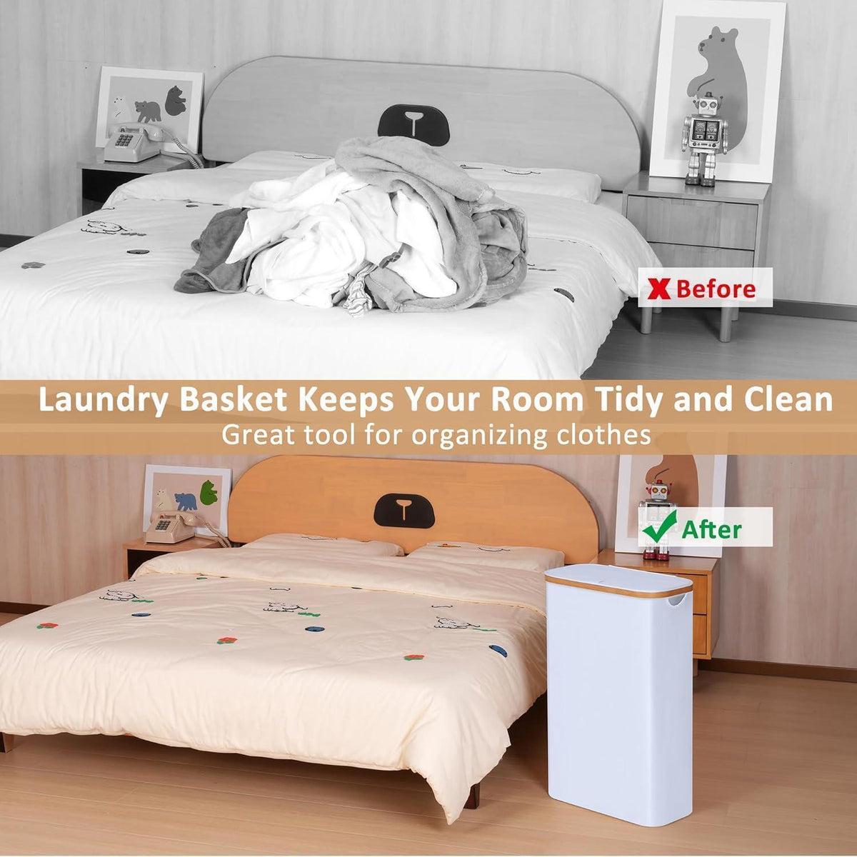 Schmaler Wäschekorb mit Deckel und Innentasche, 60L, Weiß