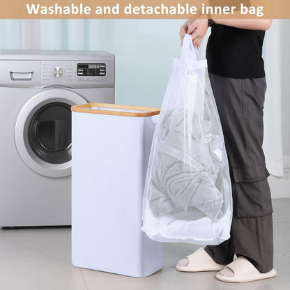 Schmaler Wäschekorb mit Deckel und Innentasche, 60L, Weiß