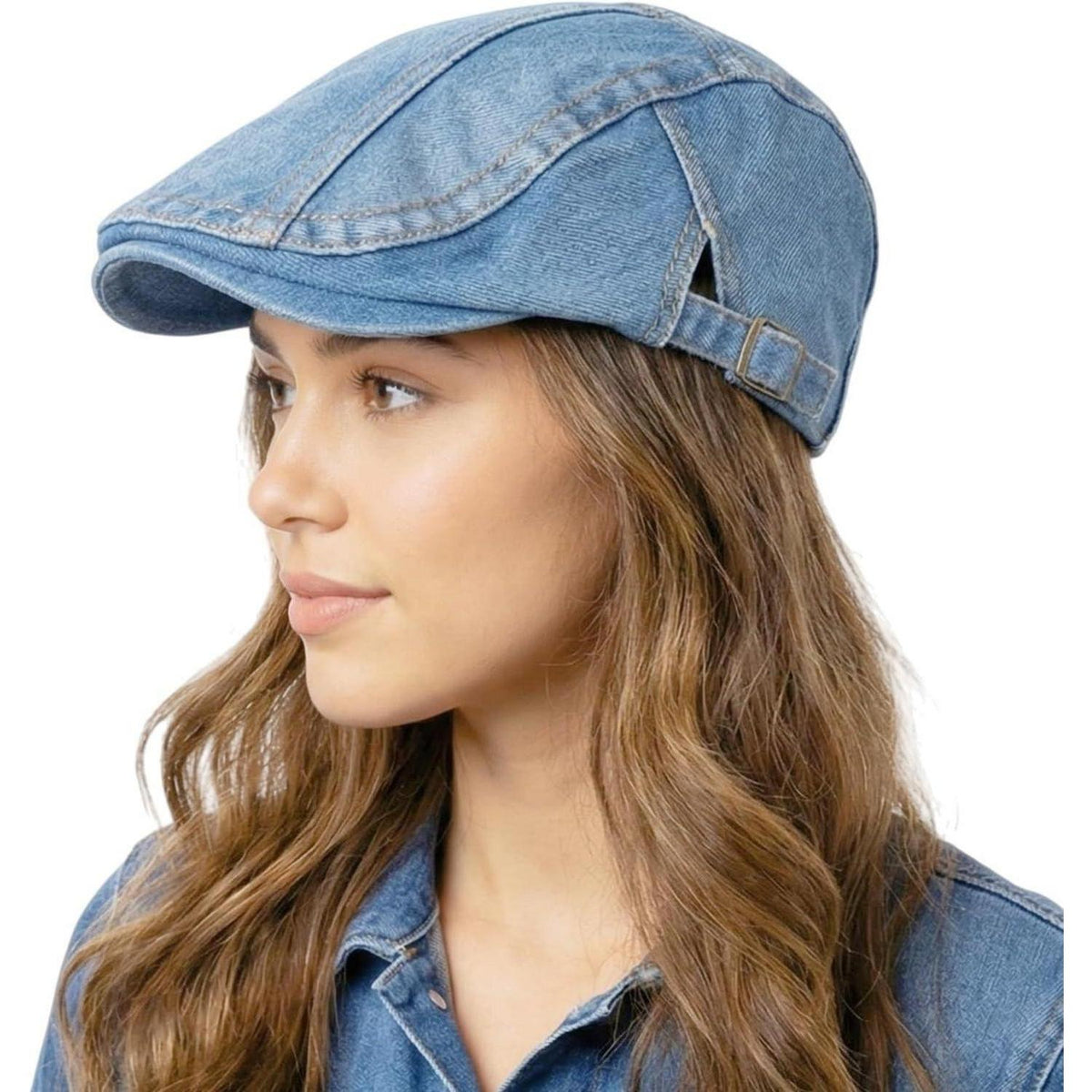 Herren Denim Flatcap - Verstellbare Schiebermütze in Hellblau