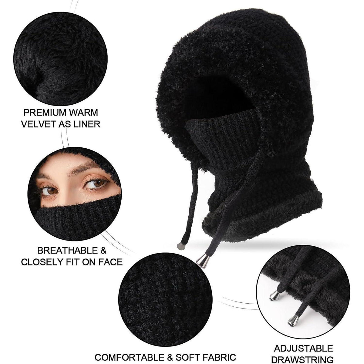 Winter Sturmhaube Damen 3in1 Fleece-Haube Schal Gesichtsschutz