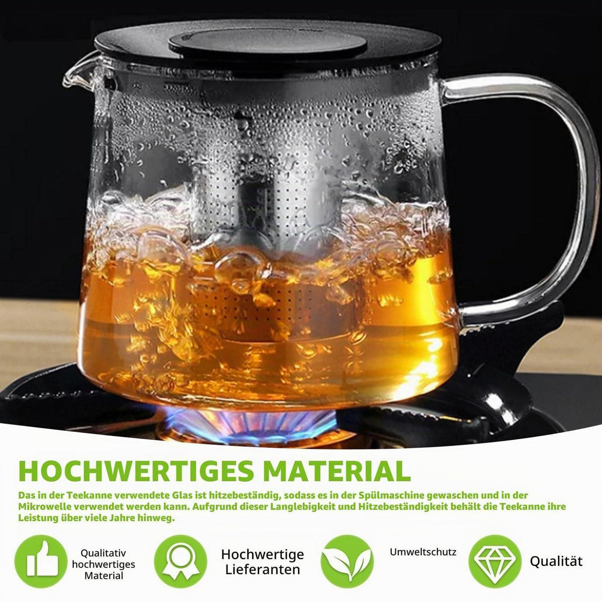 1,5L Borosilikatglas Teekanne mit Sieb – Überhitzungsschutz