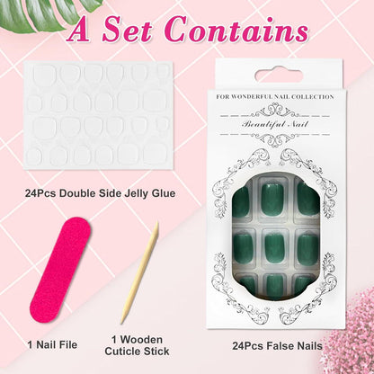 24 Stück French Press on Nägel Dunkelgrün Square Acryl Fake Nails