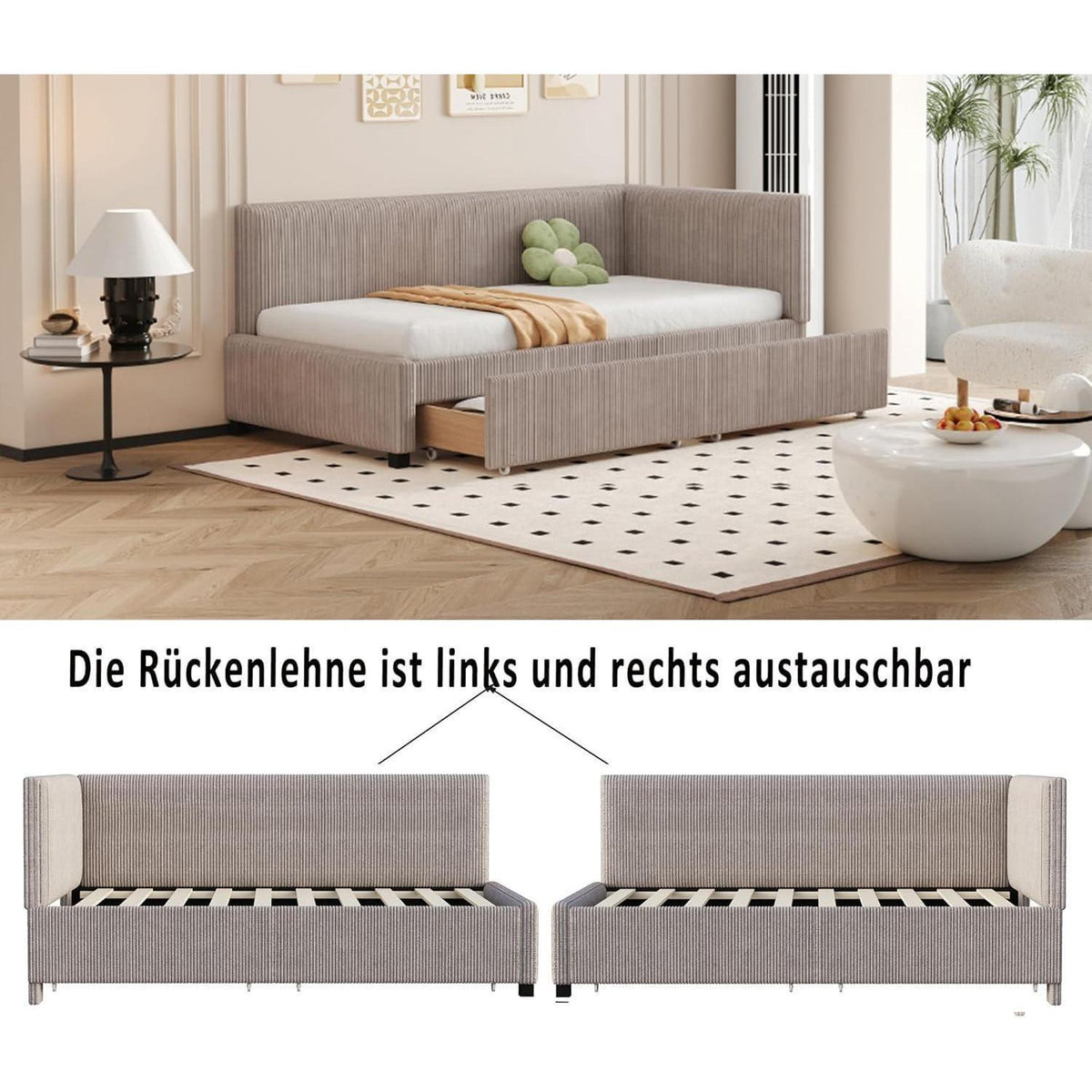 Schlafsofa Grau 90x200 cm mit Stauraum & Lattenrost