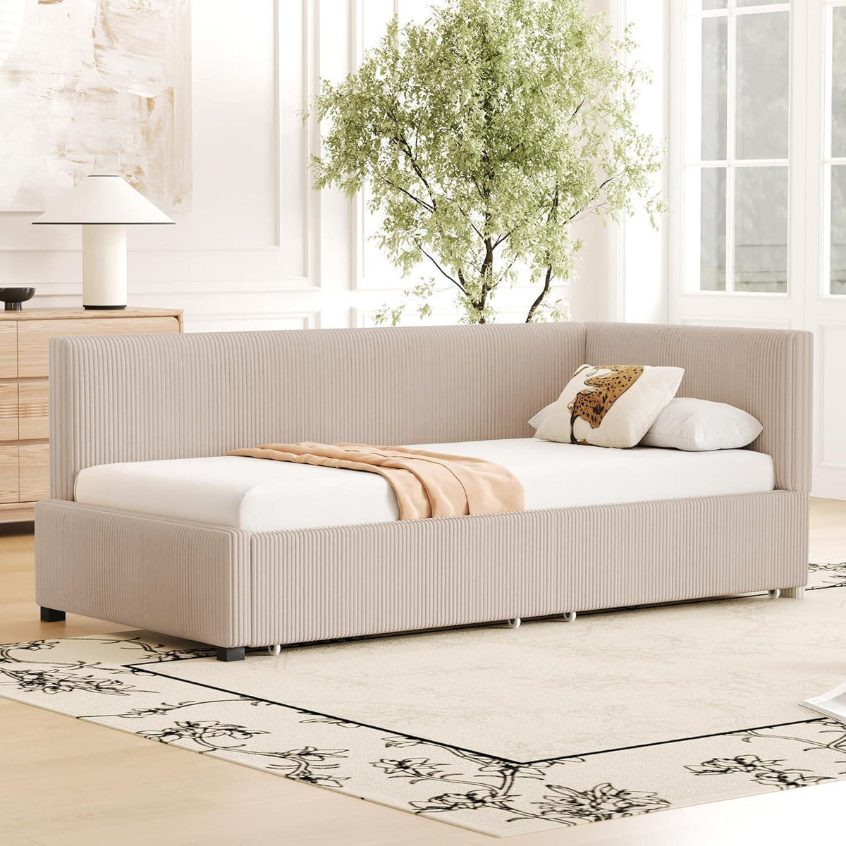 Schlafsofa Cord Beige 90x200 cm mit Stauraum & Lattenrost