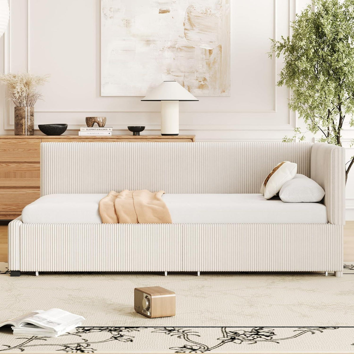 Schlafsofa Cord Beige 90x200 cm mit Stauraum & Lattenrost
