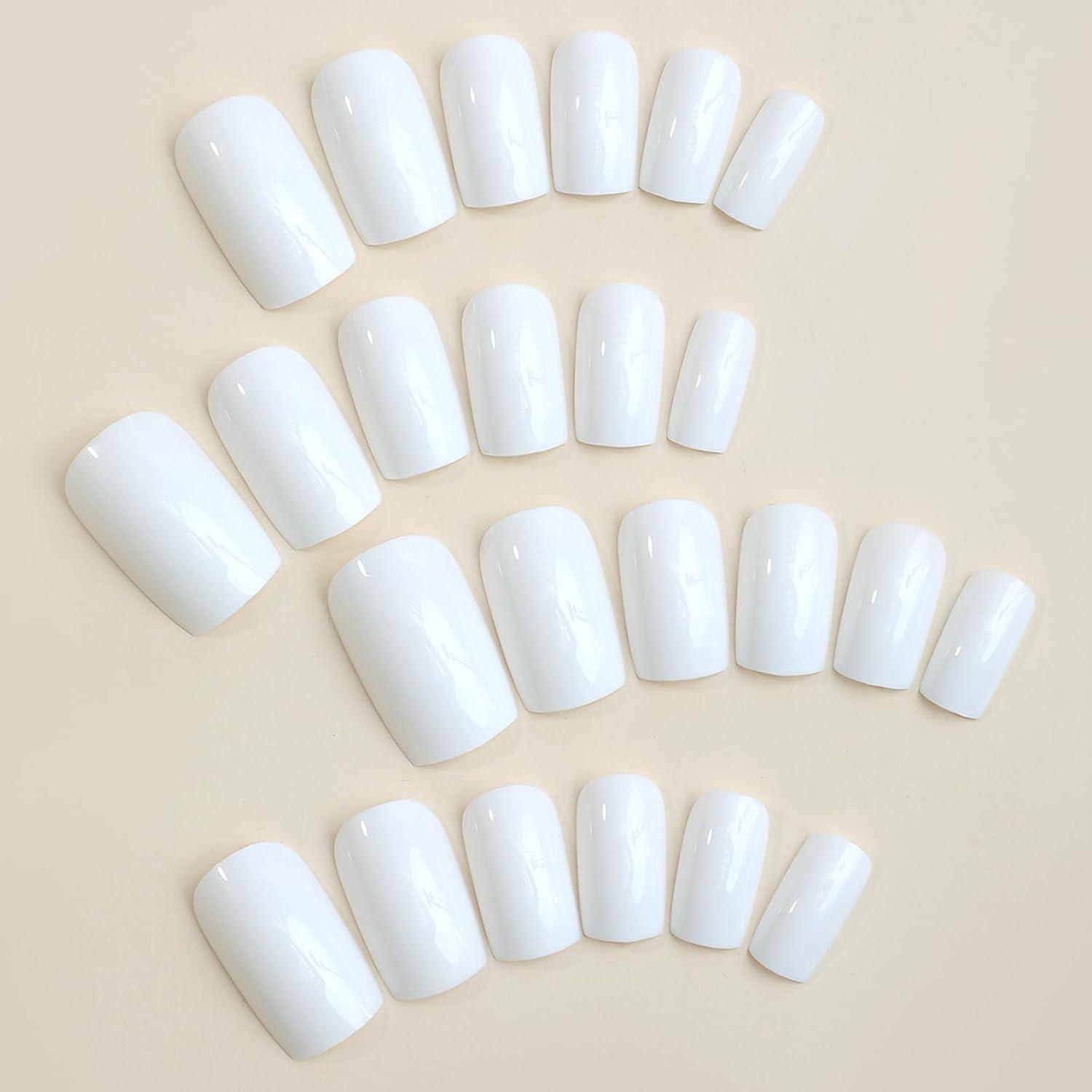 24 Stück French Press on Nails Kurz Eckig Weiß Glossy Acryl
