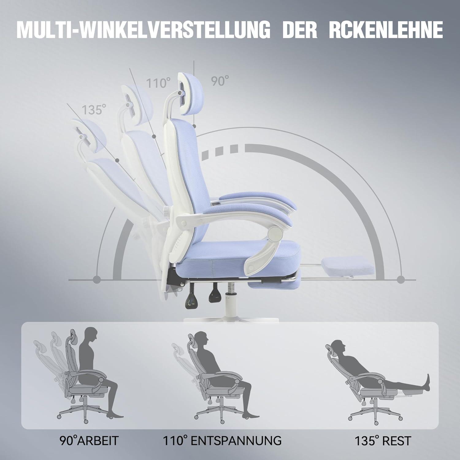 Ergonomischer Bürostuhl mit Fußstütze und Mesh-Rückenlehne, Violett