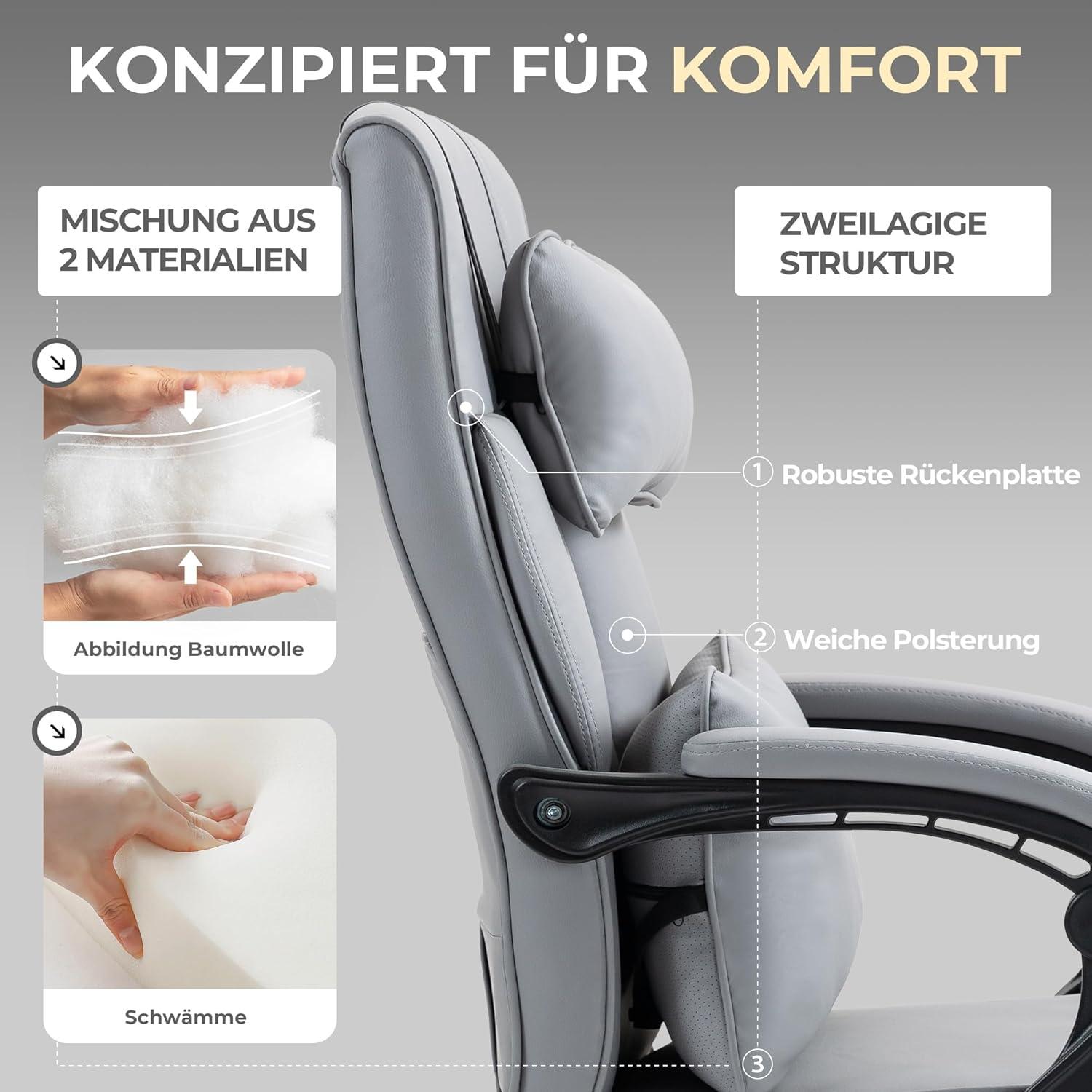Dowinx Chefsessel Bürostuhl Ergonomisch mit Fußstütze und Kopfstützen Grau