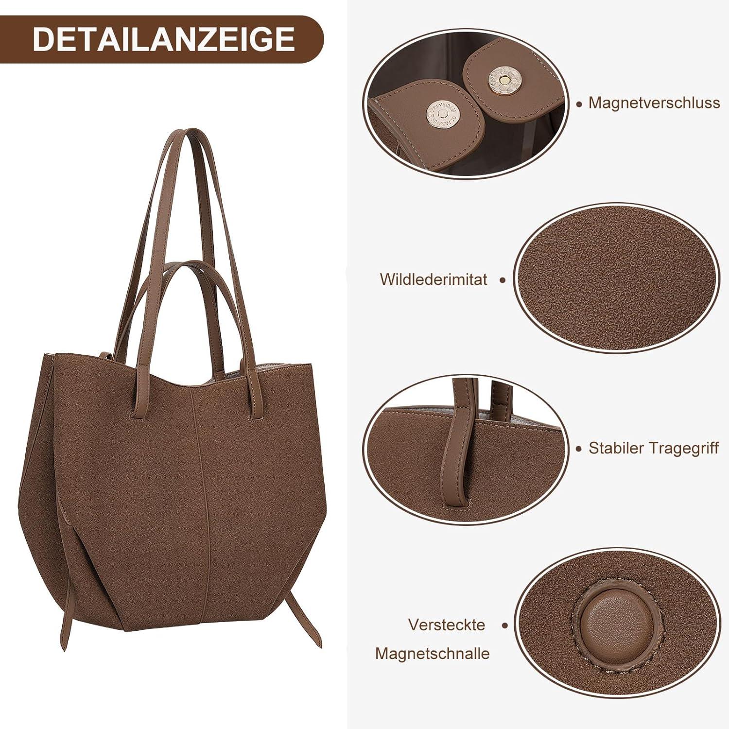 TIAASTAP Kunstleder Tote Bag Damen Groß Elegante Handtasche cognac Wildleder
