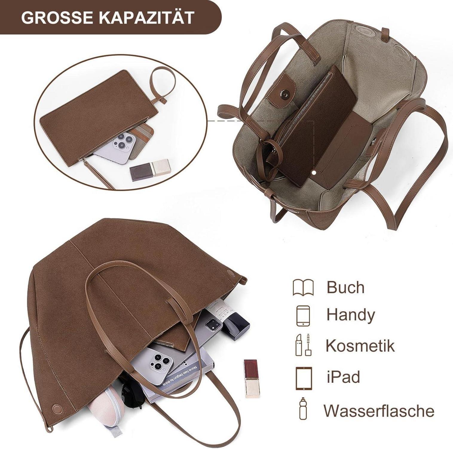Damen Tote Bag Kunstleder Shopper Schultertasche in Coffee